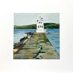 8x8 Maine Original Oil Painting Rockland Breakwater Light New England Art Signed